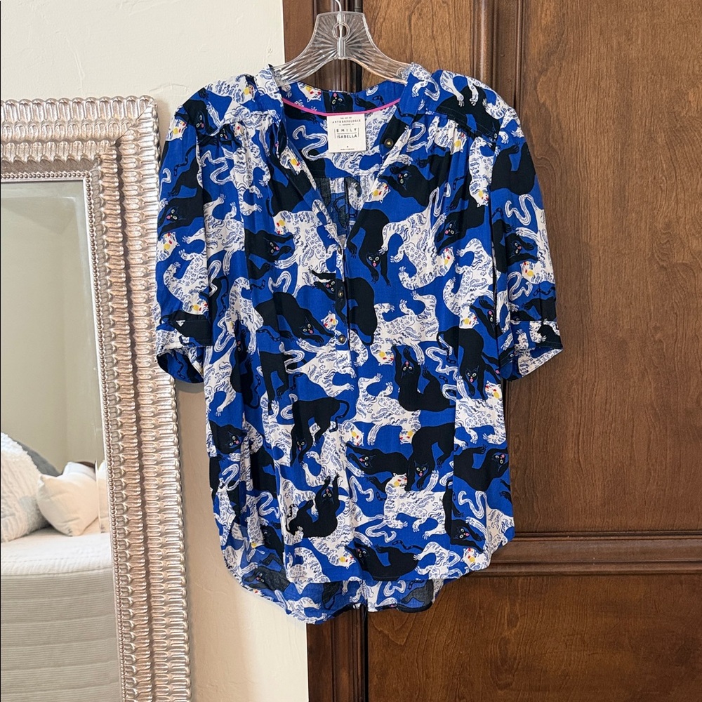 Anthropologie Blue and Black Patterned Blouse